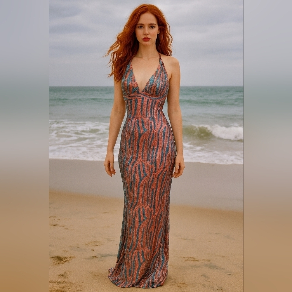 Elegant Multicolor Halter Sequined Maxi Dress. Backless. Size 8. Mermaid Style